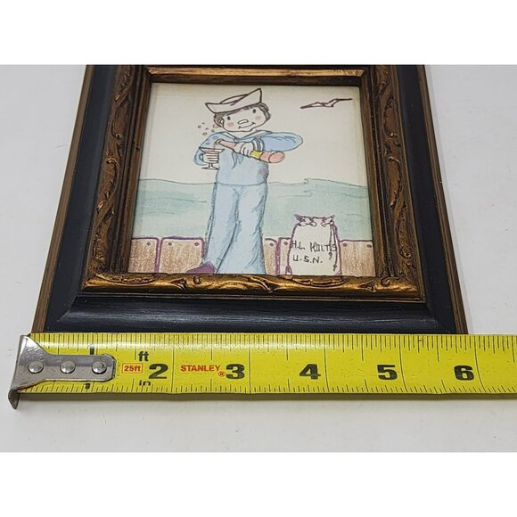 Vintage Hand Drawn/Painted Framed Picture Unknown‎ Artist Unsigned USA Navy - Picture 4 of 5